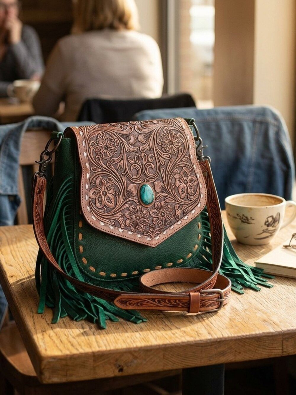 Emerald Green Western Tooled Fringe Crossbody
